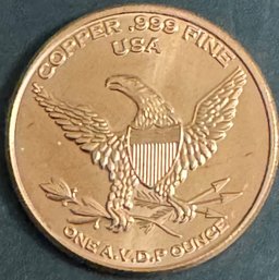 One AVDP Ounce .999 Fine Copper Round