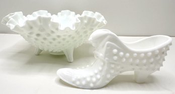 Vintage Fenton Hobnail Milk Glass Bowl & Milk Glass Shoe