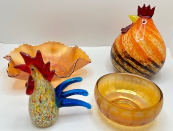 Vintage Carnival Glass Bowl, 2 Art Glass Chickens & Smaller Amber Bowl
