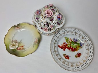 Vintage Porcelain Trinket Box And Two Fine China Plates (3)