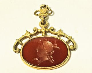 Victorian Gold Filled Intaglio Cut Cameo Fob Pendant Of Soldier  In Carnelian