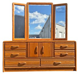 A Vintage Oak Dresser With Mirrored Jewelry Cabinet On Top By Blackhawk Furniture