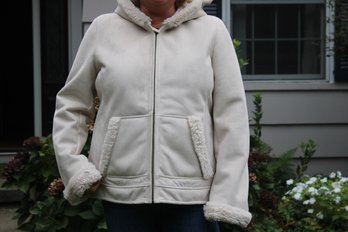 Jones New York Cream Colored Fur Trimmed Hooded Coat Size XL