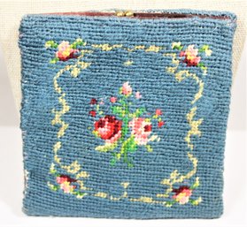 Vintage Needlepoint Rose Decorated Blue Ground Wallet Change Purse