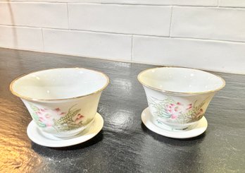 Chinese Antique Tea Cups In Famile Rose With Strainers And Gold Trim