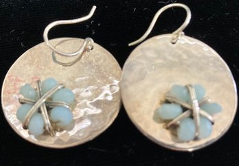 Nice Pair Of Hammered Style Design With Added Blue Flowers Earrings New