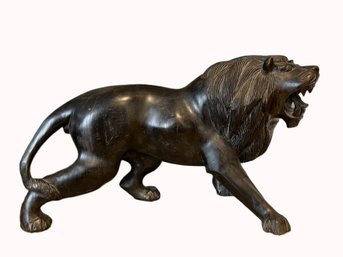 Large Sleek Carved Wood Lion Sculpture