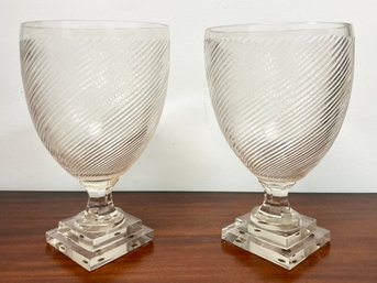 A Pair Of Hand Blown Footed Glass Vases Or Candle Sconces