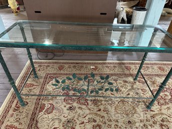 Glass Top Sofa Table With Green Metal Base