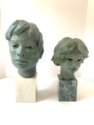 Pair Sculptural Child Head Portraits In Painted Clay On Marble Pedestals
