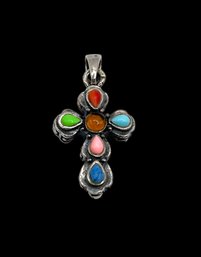 Vintage Sterling Silver Multi-Gem Cross Pendant With Turquoise And Onyx