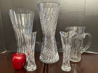 Collection Of Vintage Art Glass 4 Tall Vases And 1 Cocktail Pitcher