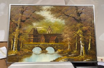 Beautiful Art Painting On A Canvas Of Fall Colors With House, Water , Trees And Bridge In A Frame. DS - WA-D
