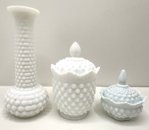 Vintage EO Brody Hobnail Milk Glass Vase & 2 Milk Glass Covered Bowls