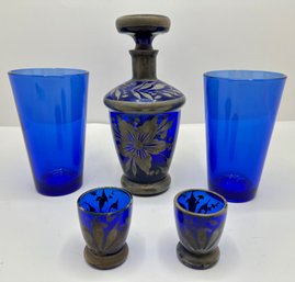 Vintage Cobalt Glass Decanter With Stopper, 2 Shot Glasses & 2 Highballs