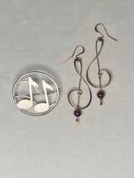 Beau Sterling Silver Music Note Pin Brooch And Pair Of Gold Tone Musical Treble Clef Dangle Earrings