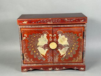 Stunning Vintage Asian Mother Of Pearl Red Lacquer Keepsake Chest Box