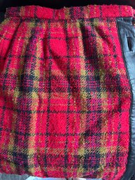 Vintage Gloria Sachs Plaid Boucle Fringed Skirt With Leather Trim - Size 12