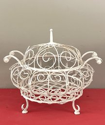 Heavy Iron Scroll And Lattice Handled And Footed Basket With Lid