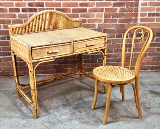 Vintage Bamboo & Rattan Small Desk / Vanity With Bamboo Chair