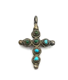 Vintage Southwestern Sterling Silver Reversible Turquoise And Coral Color Cross Pendant