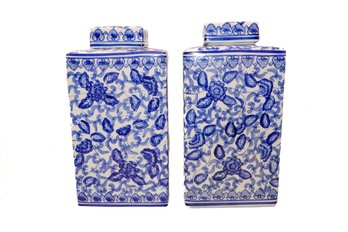 Pair Of Blue And White Asian Porcelain Urns