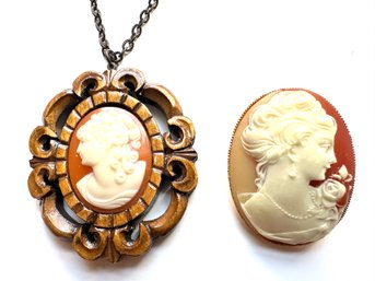 Wood Cameo Necklace & Cameo Pin