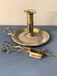 Antique Chamberstick And Candle Snuffer/Scissors