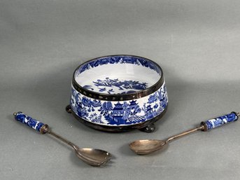 Vintage Blue & White Royal Worcester Bowl With Serving Utensils