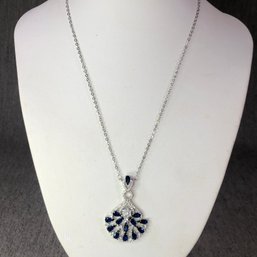 Wonderful Brand New Sterling Silver / 925 Necklace And Sapphire Fan Pendant - Measures 18' - Very Nice Piece