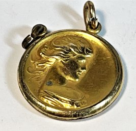 Art Nouveau Gilt Cameo Pendant Of Woman's Profile On Either Side