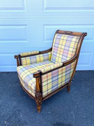 Fantastic Honey Stained Lounge Chair W/ Plaid Upholstery