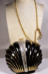 1980s Art Deco Revival Clam Shell Metallic Purse Having White Rhinestones (some Stones Missing)