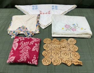 Lot Of 5 Assorted Soft Goods Items, Including Table Cloth, Runner, Doily, And More - SHIPPING AVAILABLE
