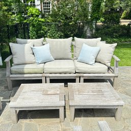 Outdoor Weathered Teak Three Cushion Sofa And Pair Of Teak Cocktail Tables