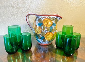 Green Glasses And Ceramic Pitcher, 8 Pieces