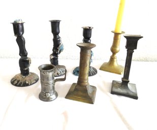 7 Piece Group Of Brass & Metal Candle Holders