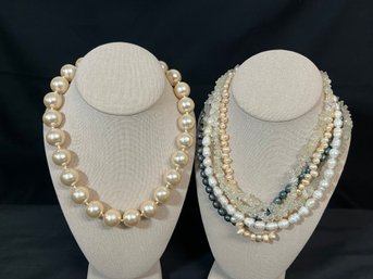 For The Love Of Pearls!  Five Strand Freshwater Pearl & Quartz With 925  Clasp And Large Faux Pearl Necklace