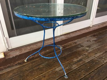 Very Nice Round Vintage Wrought Iron Table - Three Legs - Blue Paint - With Nice Glass Top - Nice Piece