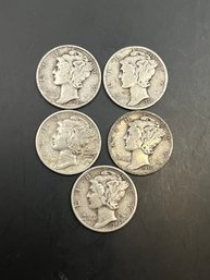 5 Mercury Dimes 1936, 1938, 1940, 1942, 1945