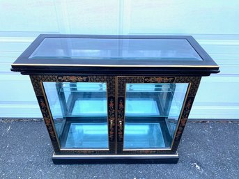 Vintage Petite Chinoiserie Black Lacquer & Glass Curio Cabinet
