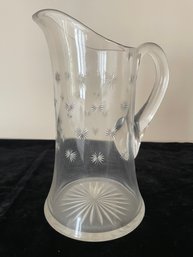 Art Deco Vintage Glass Cocktail Pitcher, Eight Pointed Star Cut Etched Glass