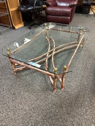 Very Heavy Beveled Glass Top Table With Antiqued Red Metal Base