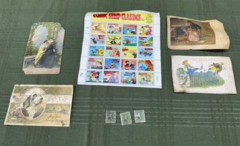 Lot Of 4 Vintage Postcards, 3 Stamps, And Full Sheet Of 32 Cent Comic Strip Classics Stamps - WILL SHIP!!