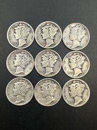 9 Mercury Dimes 1926, 1927, 1935, 1936, 1942-D, 1942-S, 1943, 1943-D, 1945-S