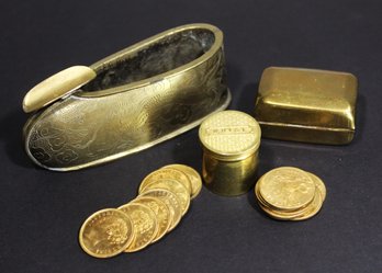 Lot Of Brass Objects Whist Canister Chinese Brass Shoe, Pill Box, Coins