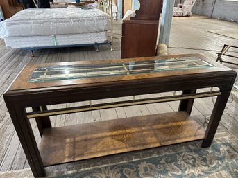 Brass And Burled  Wood Sofa Table With Beveled Glass Insert