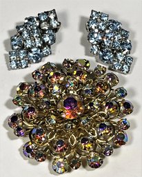 Vintage Large Aurora Borealis Rhinestone Brooch And Pair Blue Rhinestone Ear Clips