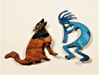 Two Vintage Enamel On Copper Figural Southwestern Brooches Dancing Figure And Howling Wolf