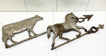 Large Antique Weathervane Toppers - Bovine And Equestrian